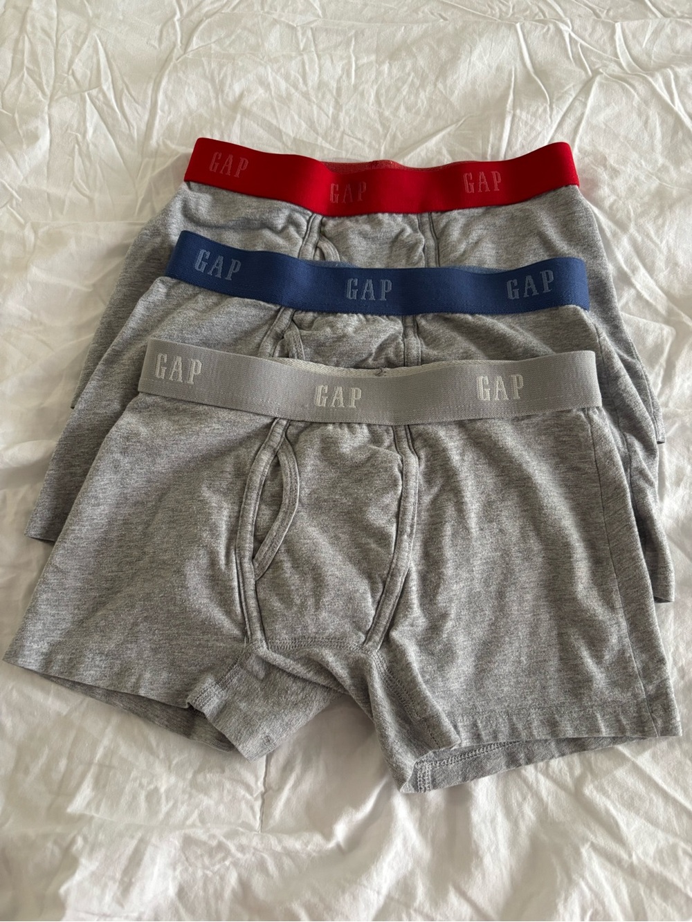 GAP Boys Gray Boxer Briefs Set with Red, Blue, and Light Gray Waistbands